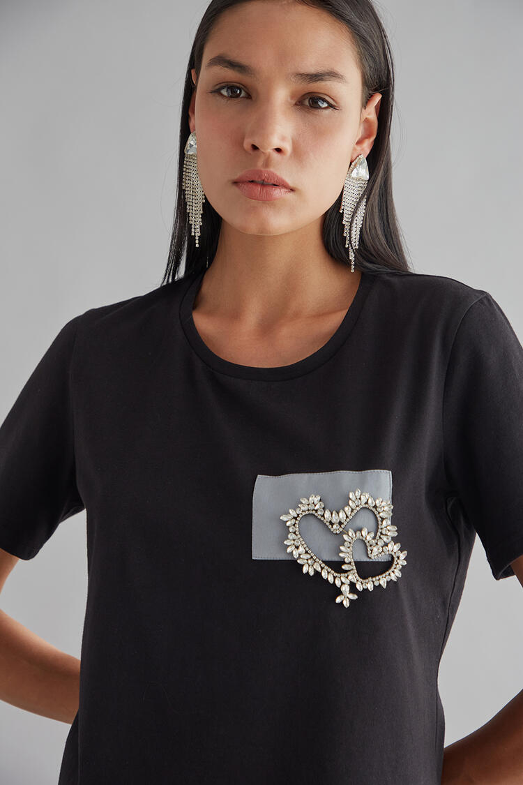 Cotton blouse with jeweled hearts - Black S