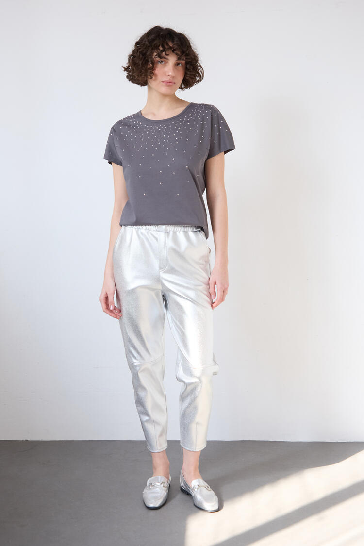 Cotton blouse with rhinestones - Grey S