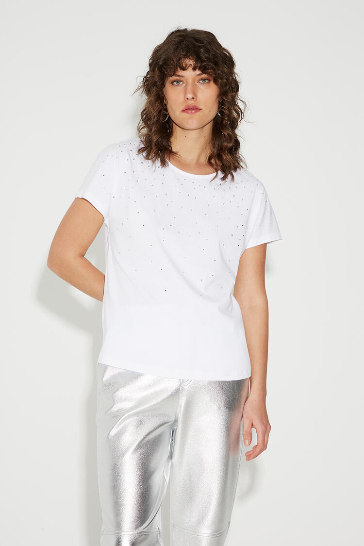 Cotton blouse with rhinestones - White S