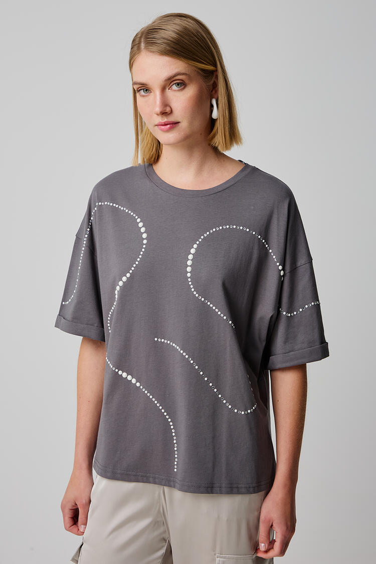 Blouse with embroidery with pearls and rhinestones - Grey S/M