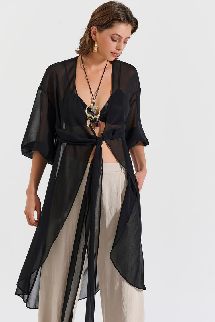 Semi-sheer tunic with tie - Black O/S