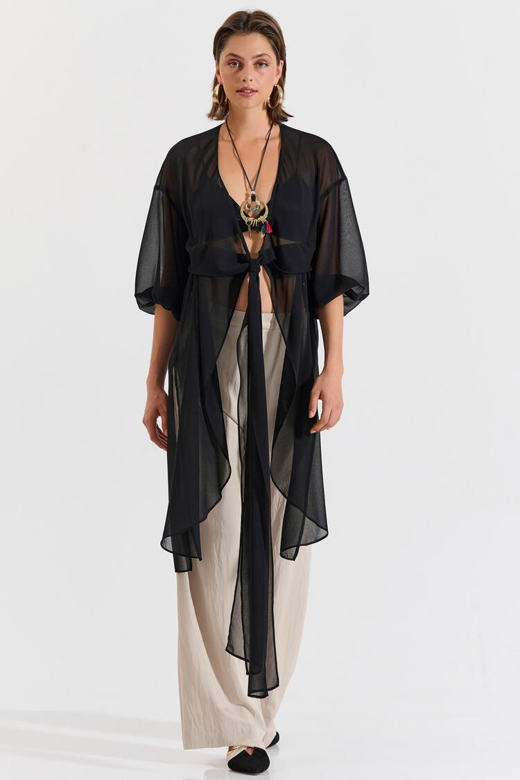 Semi-sheer tunic with tie - Black O/S