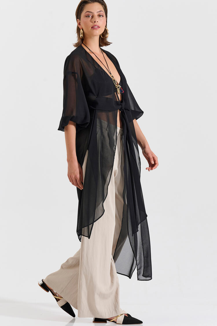 Semi-sheer tunic with tie - Black O/S