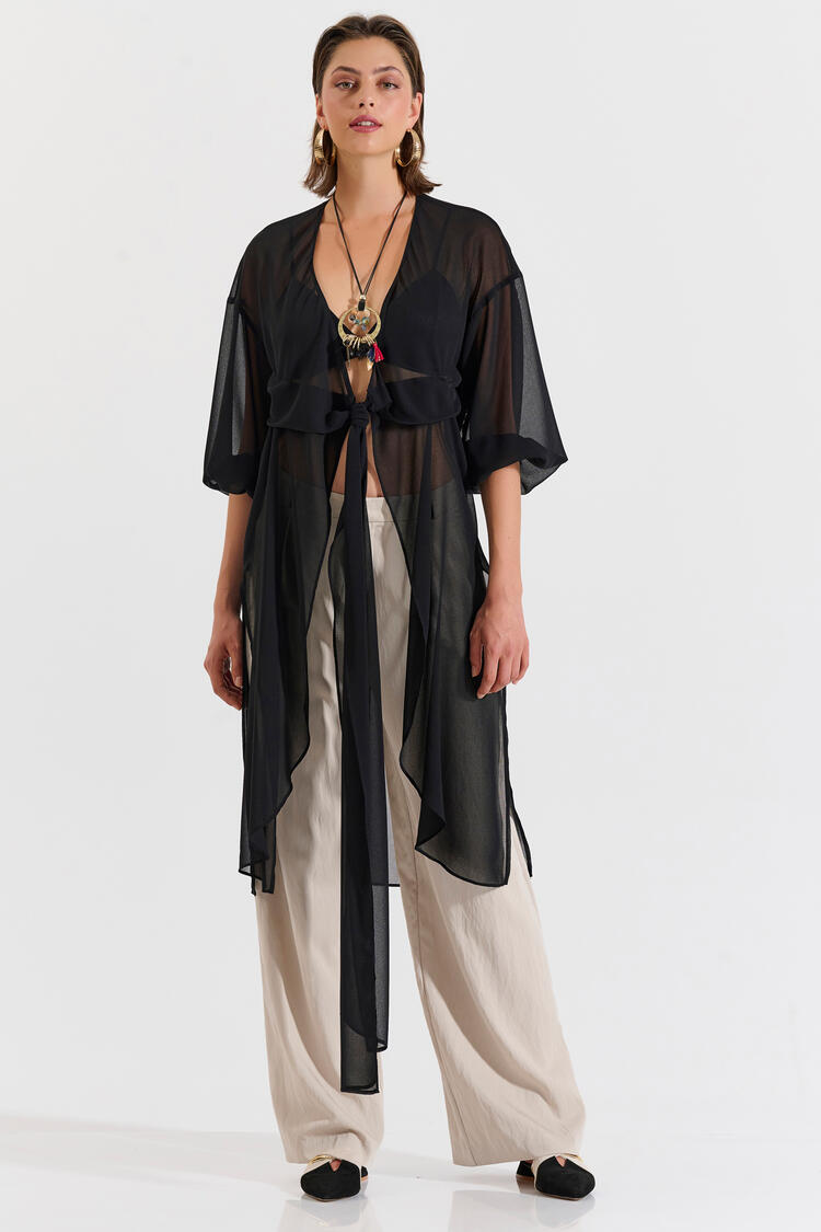 Semi-sheer tunic with tie - Black O/S
