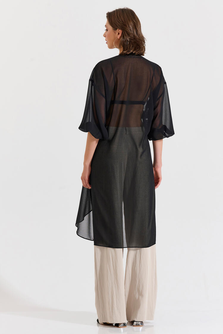 Semi-sheer tunic with tie - Black O/S