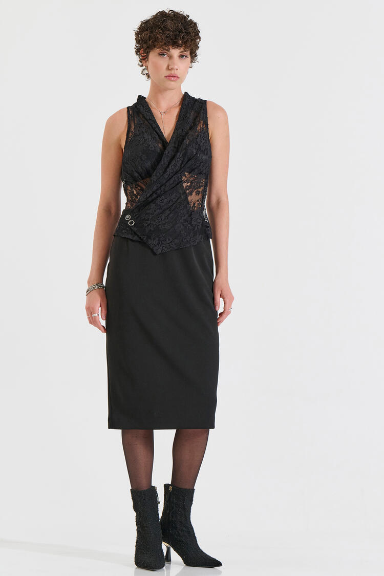 Midi Dress with Lace & Crossover Bodice - Black XL