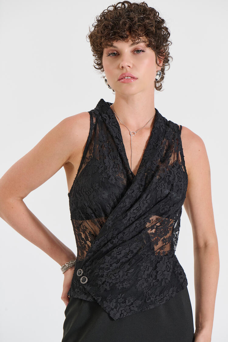 Midi Dress with Lace & Crossover Bodice - Black XL