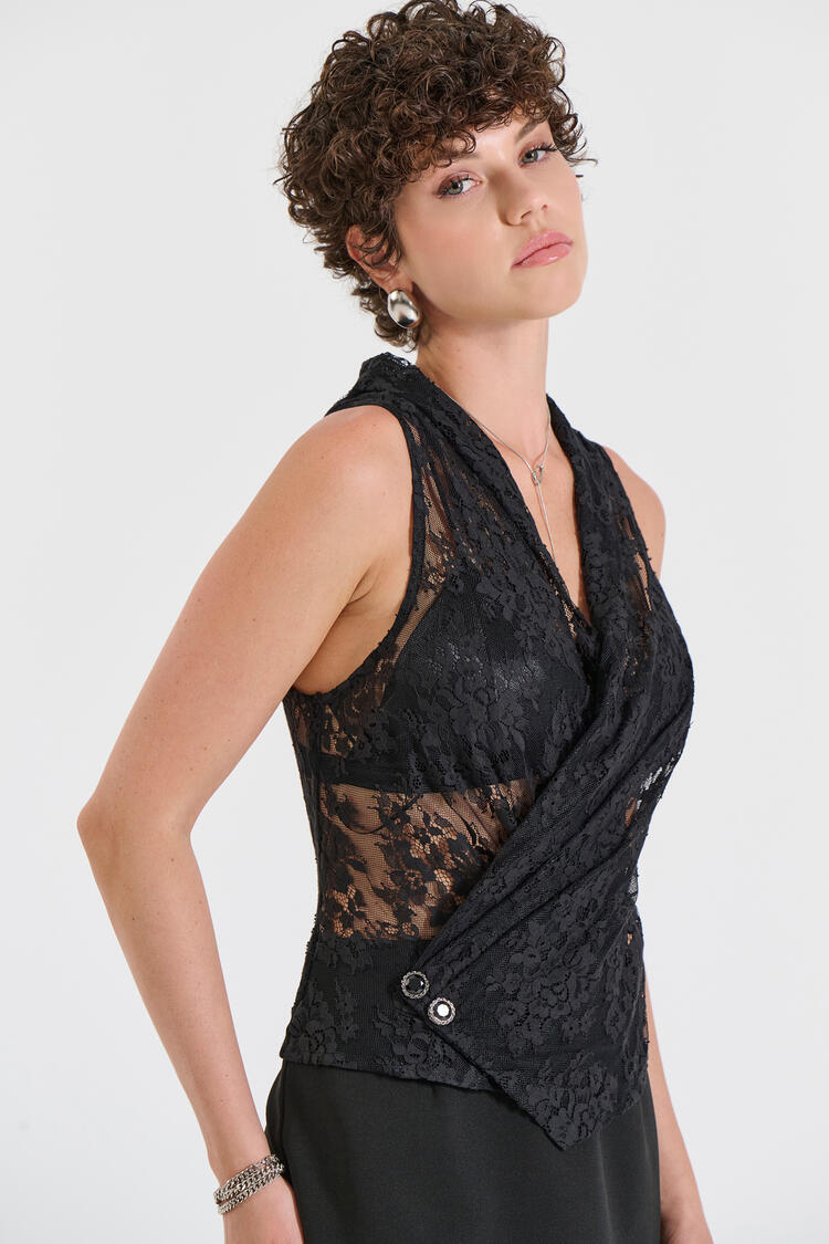 Midi Dress with Lace & Crossover Bodice - Black XL