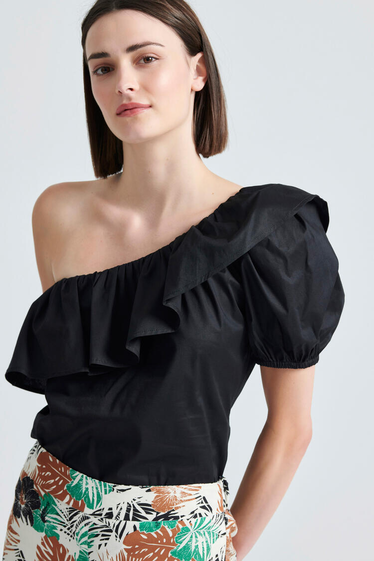  One-shoulder  blouse with ruffles - Black S/M