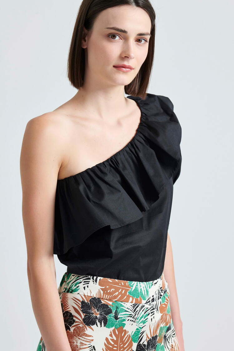  One-shoulder  blouse with ruffles - Black S/M