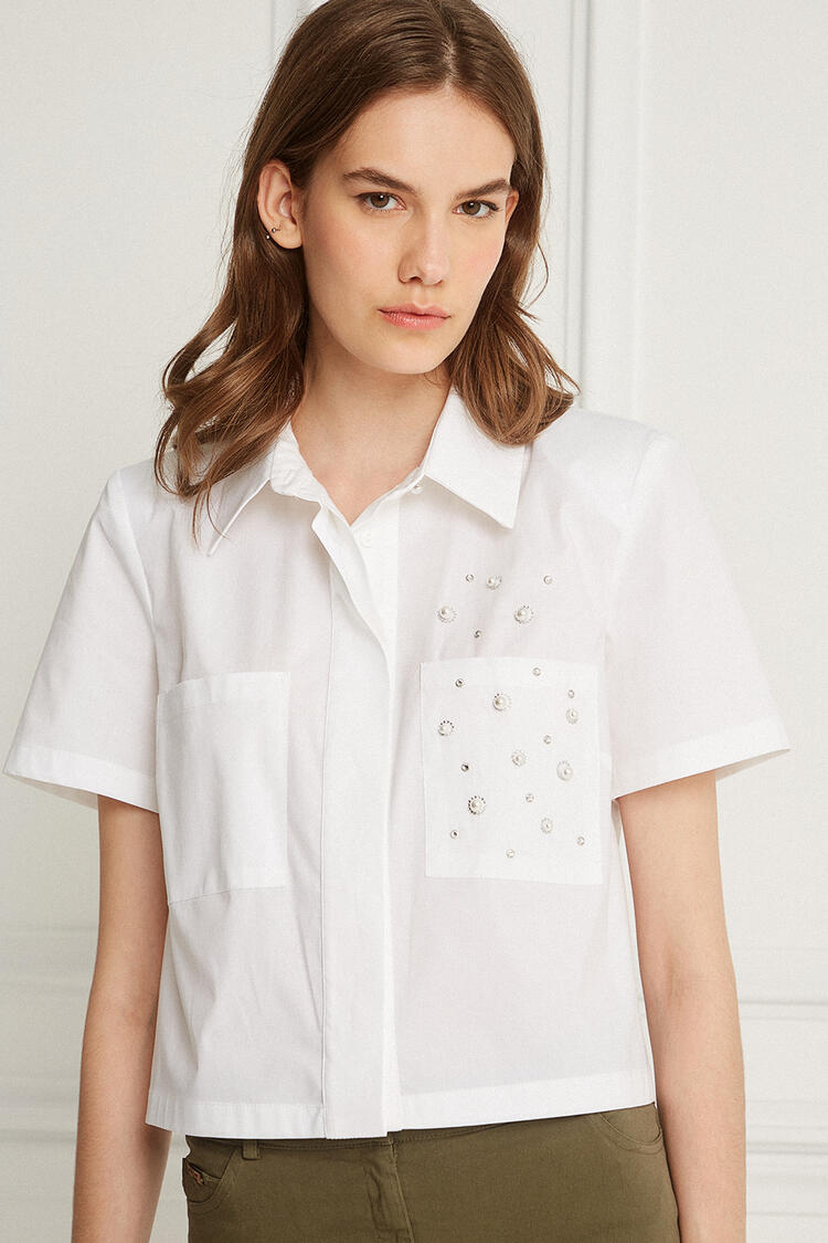 Cropped shirt with a jewel in the pocket - White S