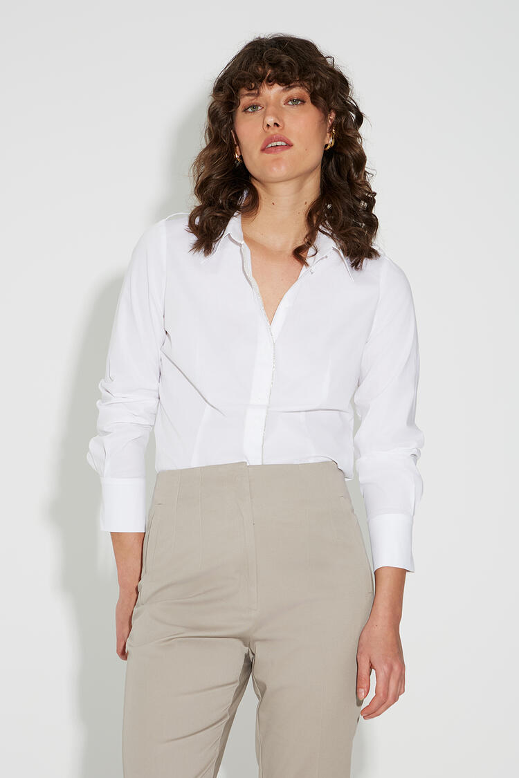 Cotton shirt with rhinestones on the seam - White L