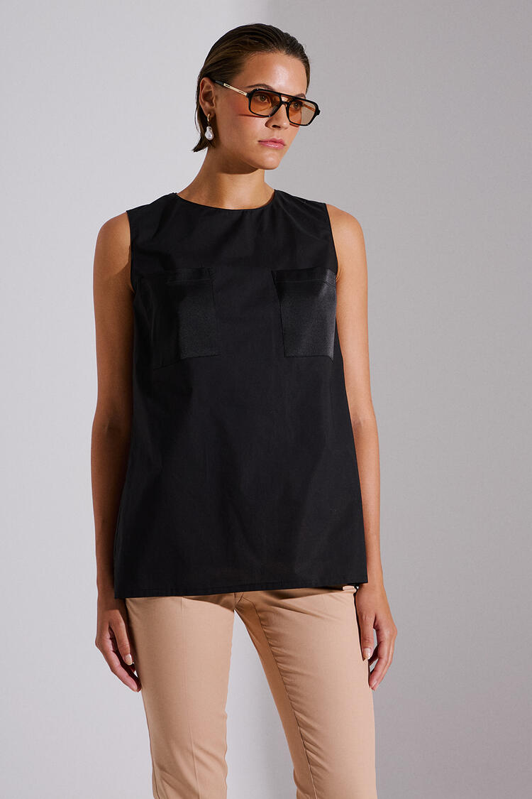 Cotton blouse with satin pockets - Black S