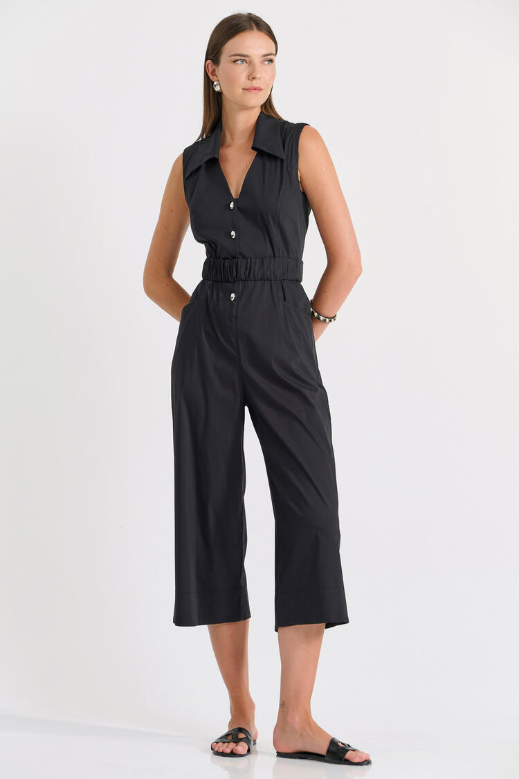 Sleeveless Cropped Jumpsuit with Collar - Black S