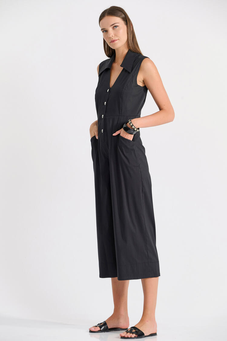 Sleeveless Cropped Jumpsuit with Collar - Black S