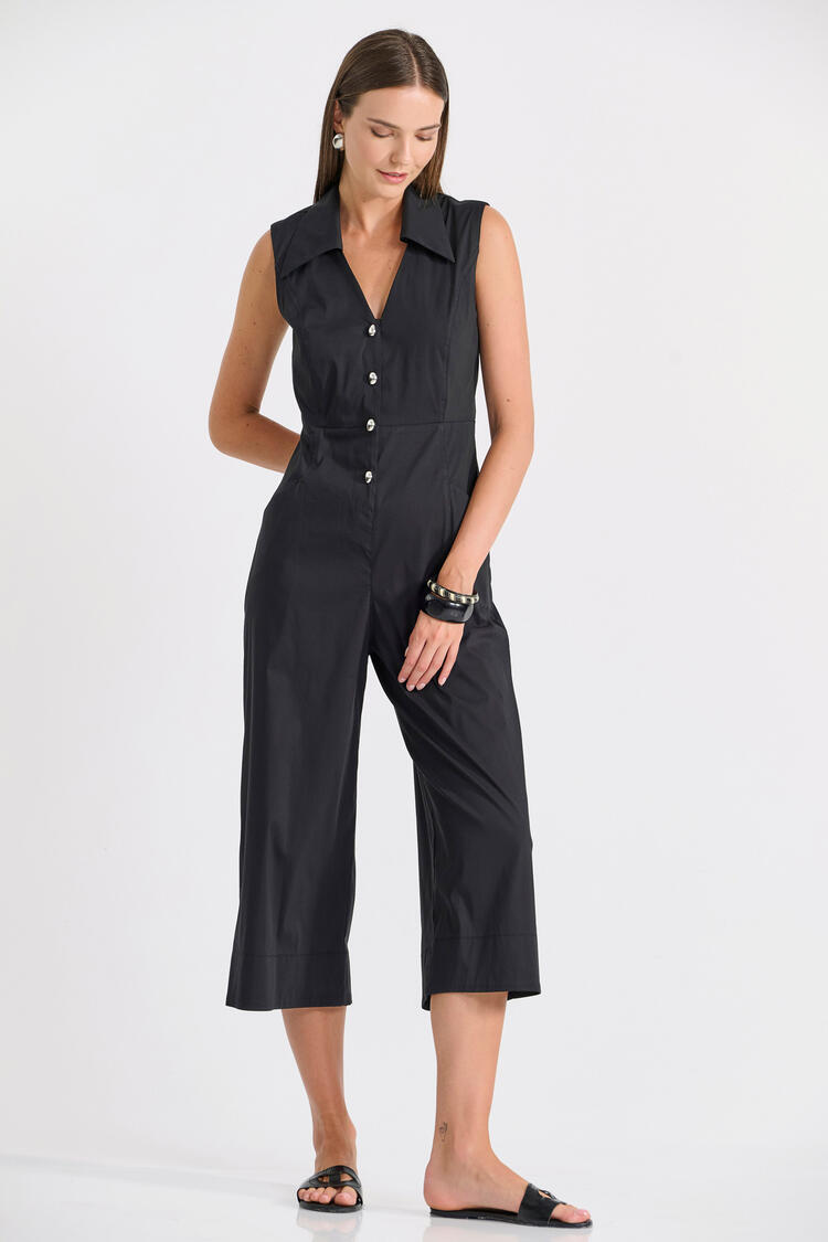 Sleeveless Cropped Jumpsuit with Collar - Black S