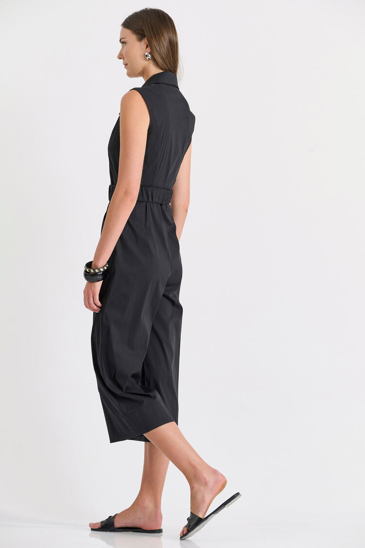 Sleeveless Cropped Jumpsuit with Collar - Black S
