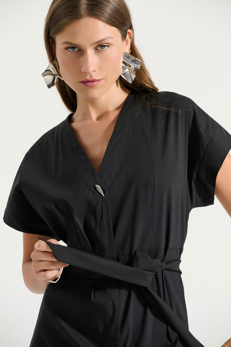 Poplin dress with V-neckline and belt - Black S