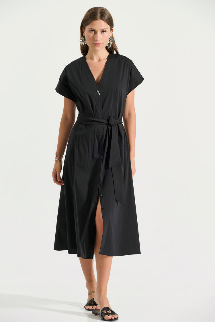 Poplin dress with V-neckline and belt - Black S