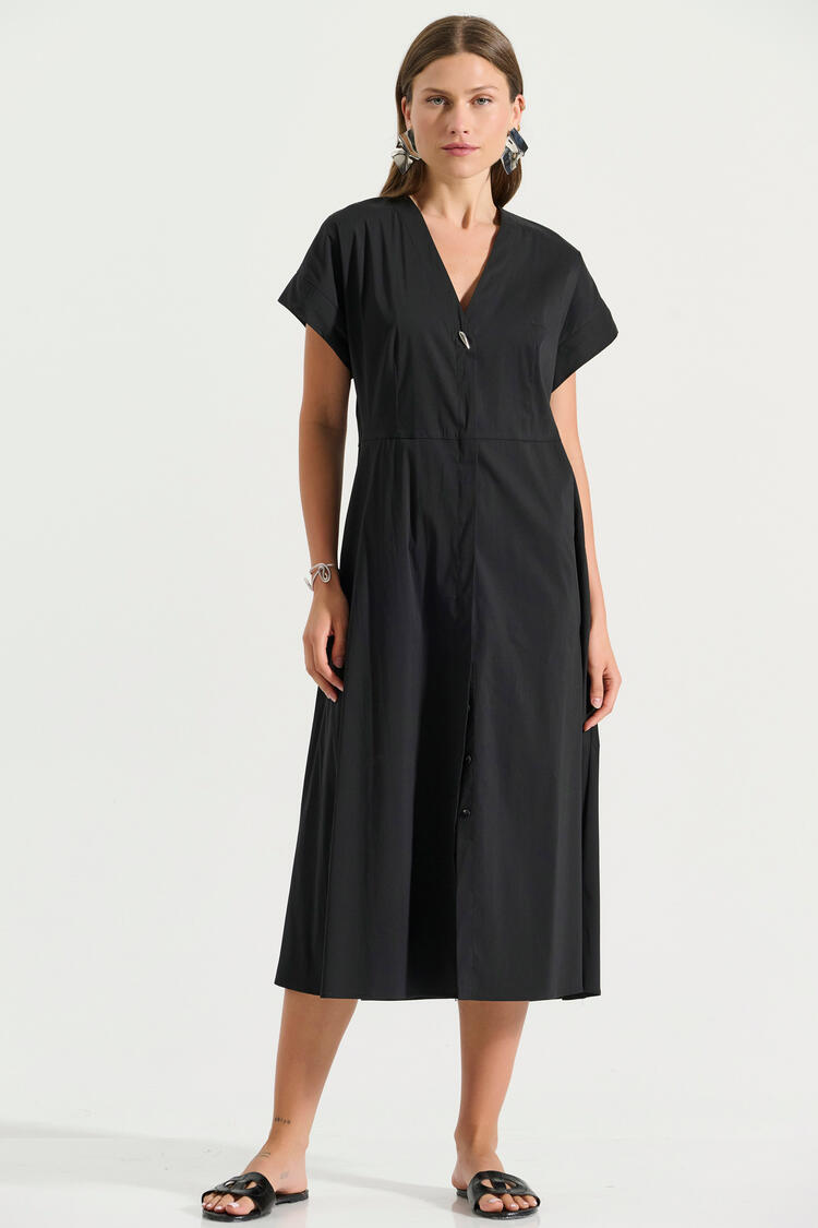 Poplin dress with V-neckline and belt - Black S