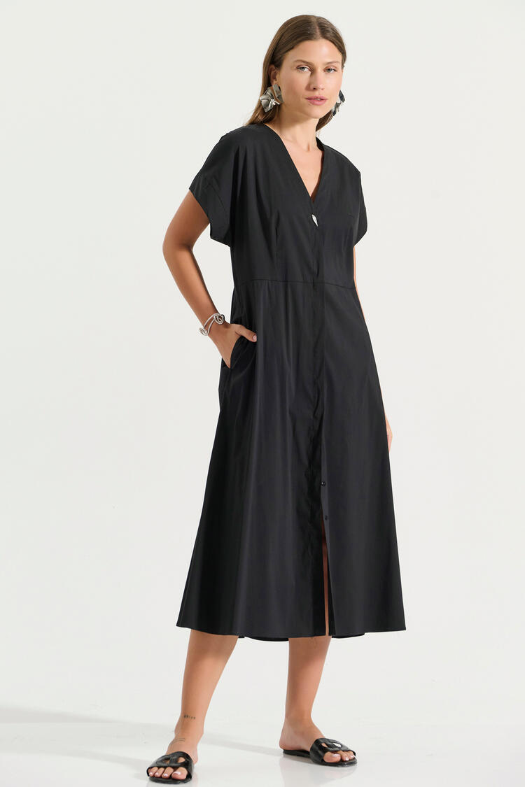 Poplin dress with V-neckline and belt - Black S
