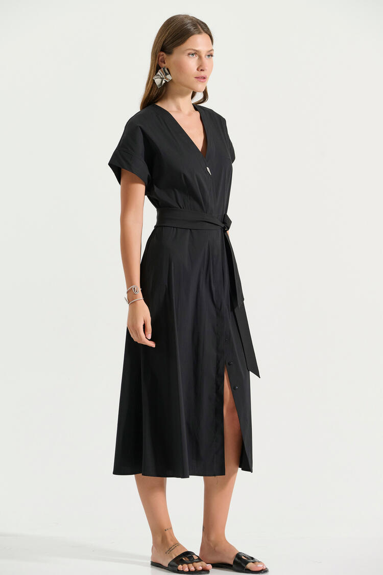Poplin dress with V-neckline and belt - Black S
