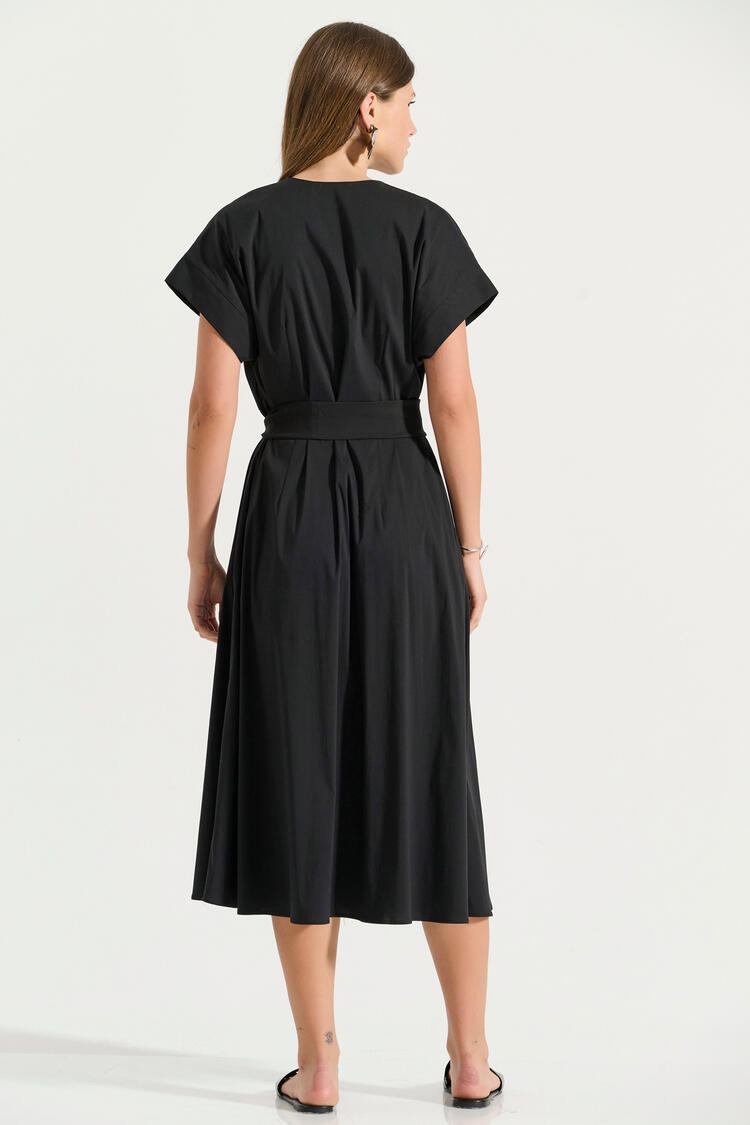 Poplin dress with V-neckline and belt - Black S