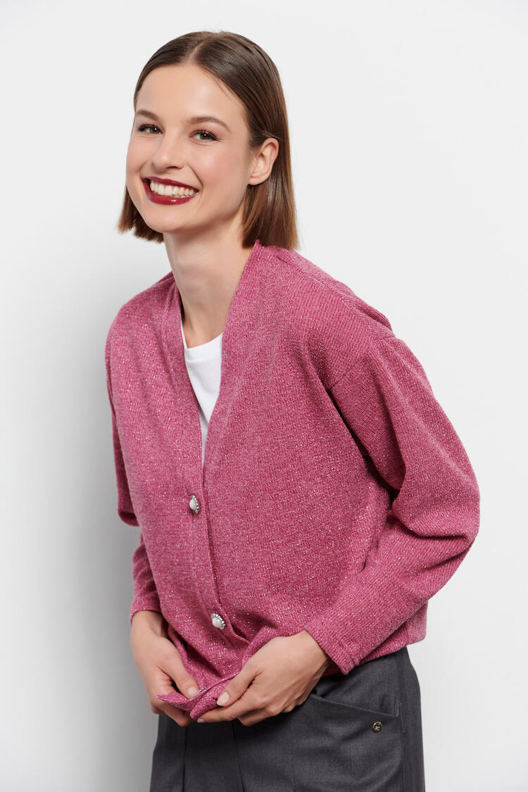 Knitted lurex cardigan with jewel buttons - Fuchsia S