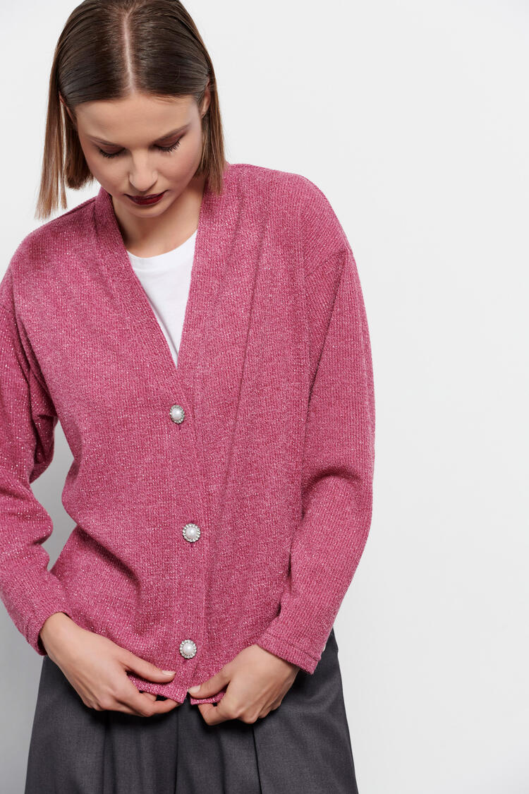Knitted lurex cardigan with jewel buttons - Fuchsia S