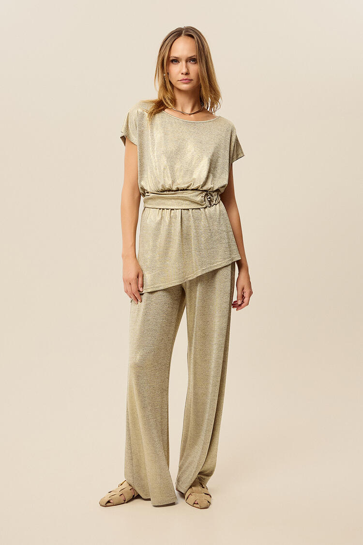 Pants with a metallic look - Beige S