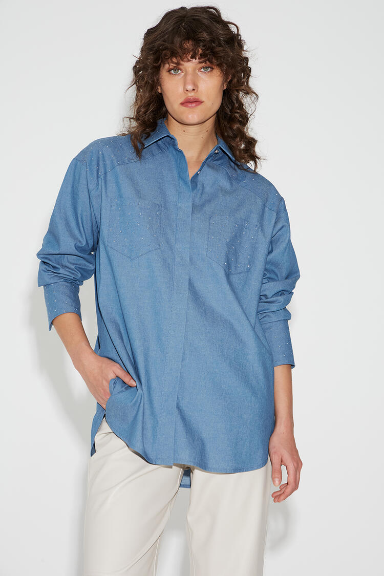 Cotton denim shirt with rhinestones - Blue M/L
