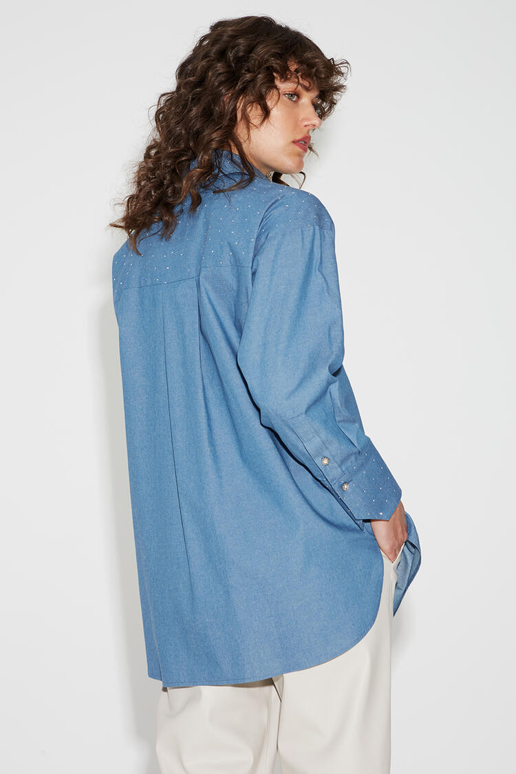 Cotton denim shirt with rhinestones - Blue S/M