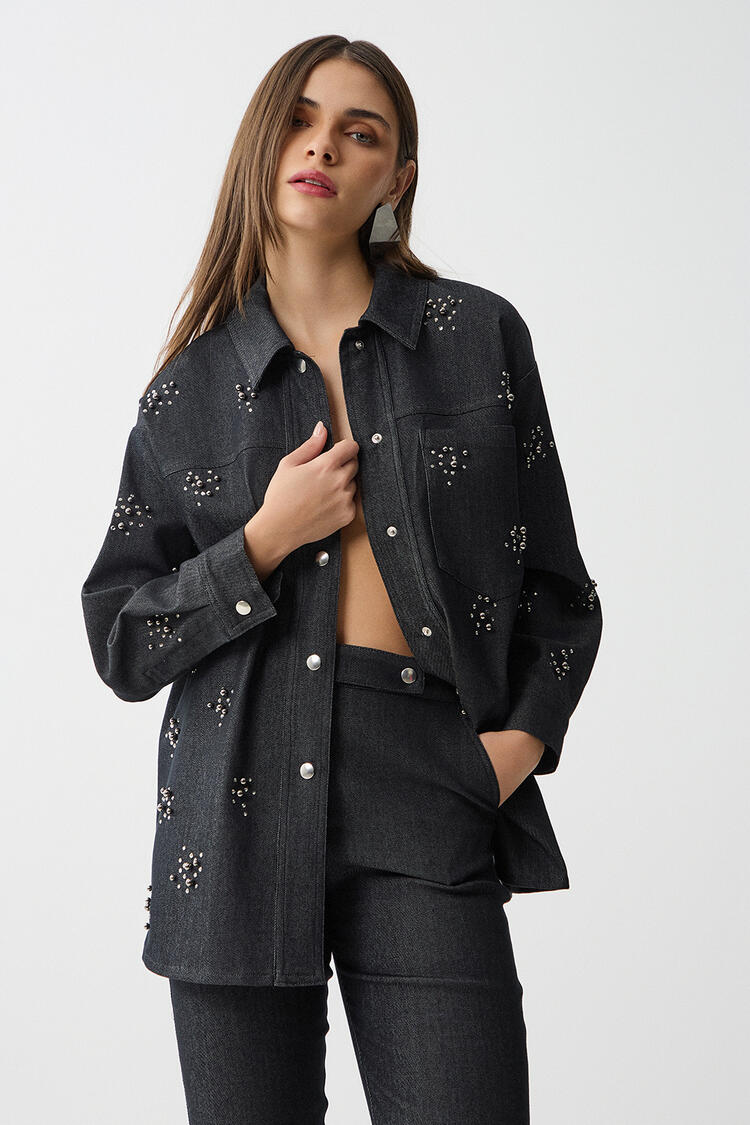 Denim shirt with rhinestones - Black S/M