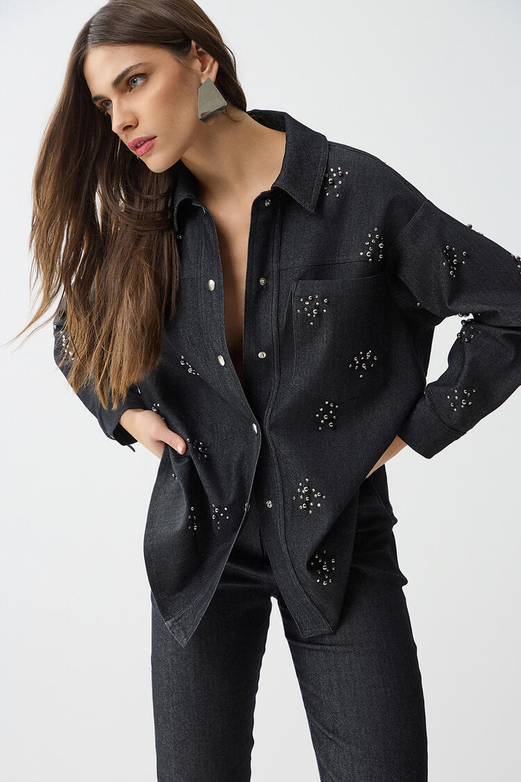 Denim shirt with rhinestones - Black S/M