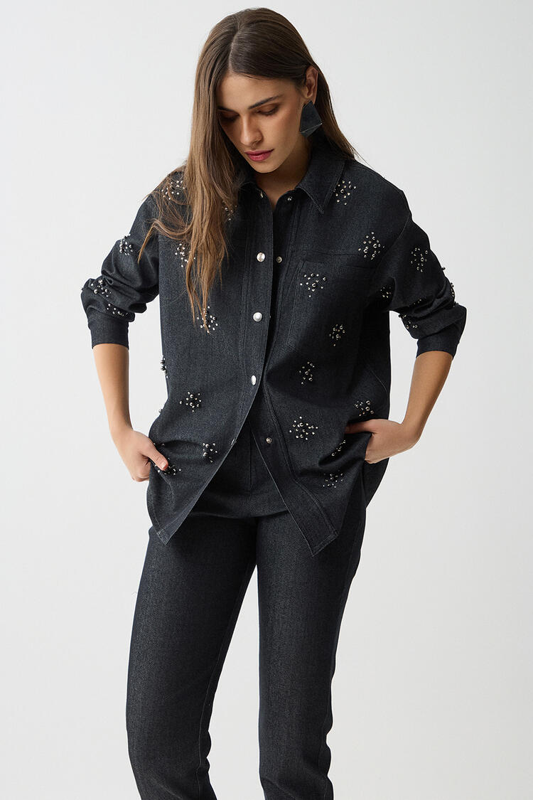 Denim shirt with rhinestones - Black S/M