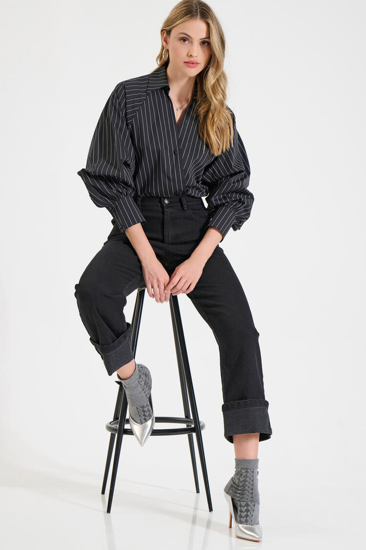 Straight-Leg Cotton Jeans with Turned-Up Hems - Black M