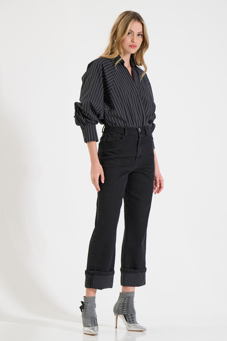 Straight-Leg Cotton Jeans with Turned-Up Hems - Black M