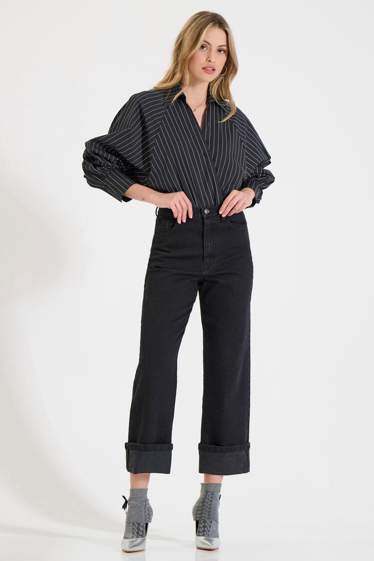 Straight-Leg Cotton Jeans with Turned-Up Hems - Black M