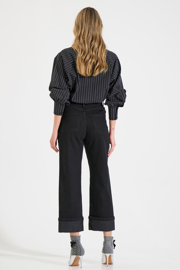 Straight-Leg Cotton Jeans with Turned-Up Hems - Black M
