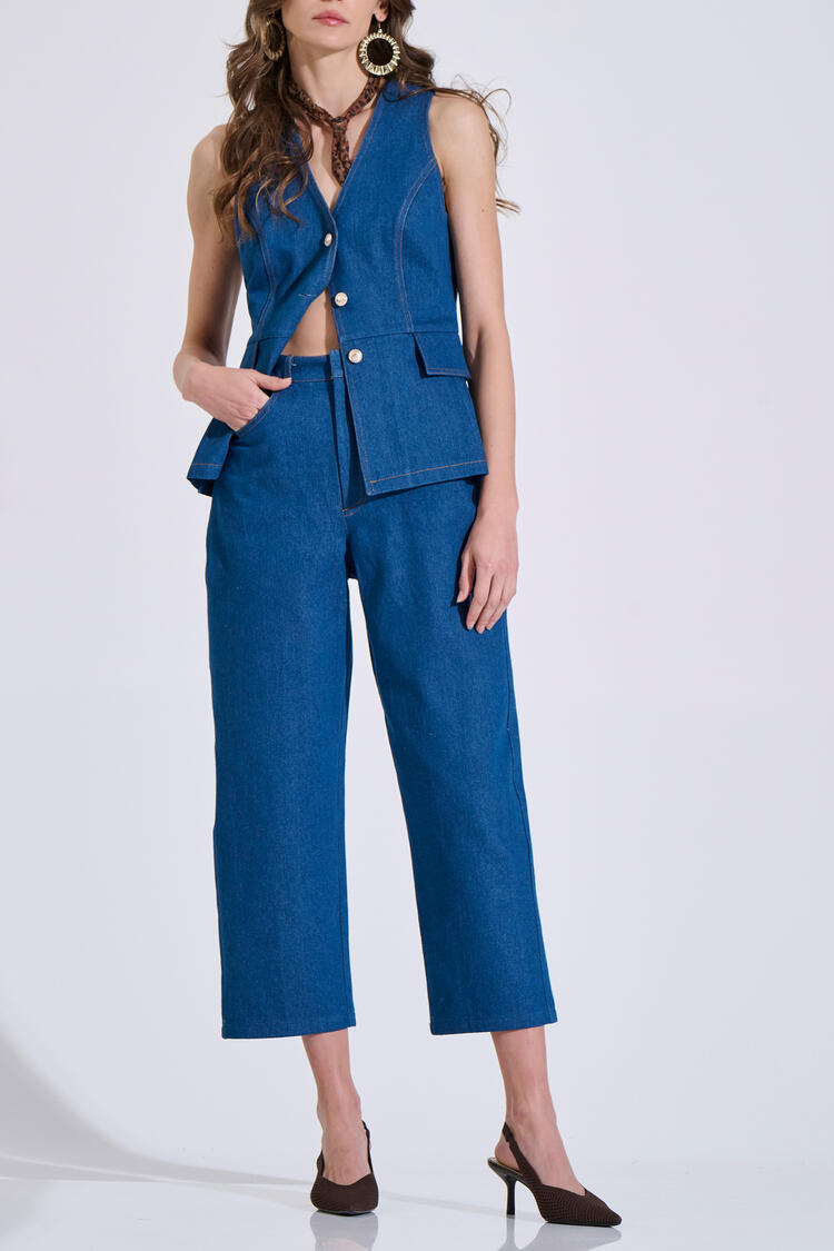 Cropped Cotton Denim Pants - ΜΠΛΕ S