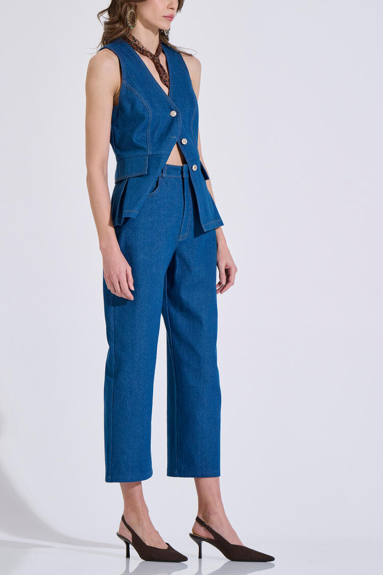 Cropped Cotton Denim Pants - ΜΠΛΕ S