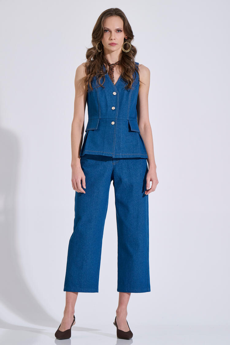 Cropped Cotton Denim Pants - ΜΠΛΕ S