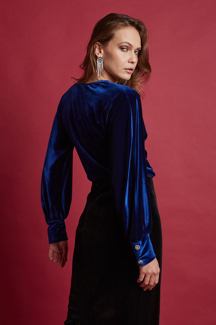 Velvet crotch blouse with jewel - Blue L