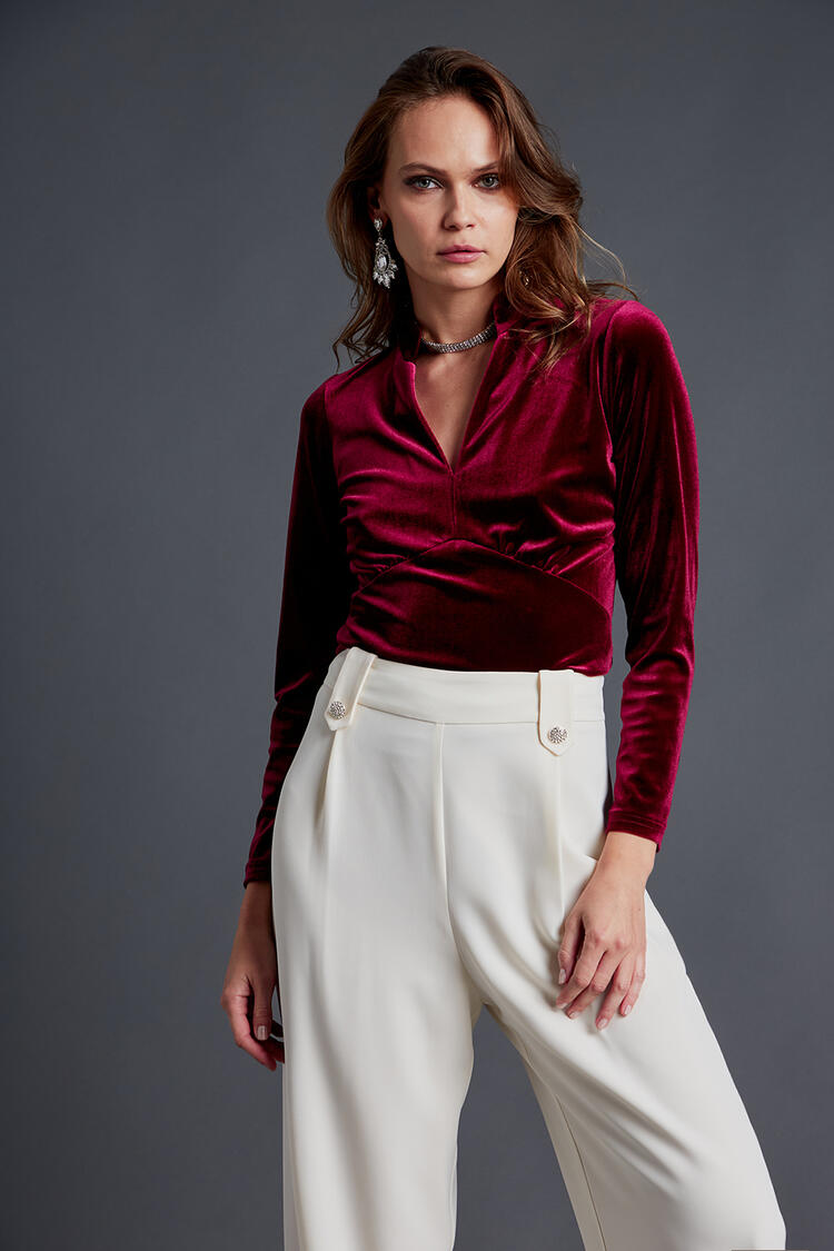 Velvet blouse with mao collar - Red L