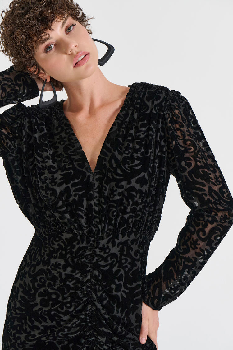 Velvet Dress with Textured Pattern & Front Ruching - Black M