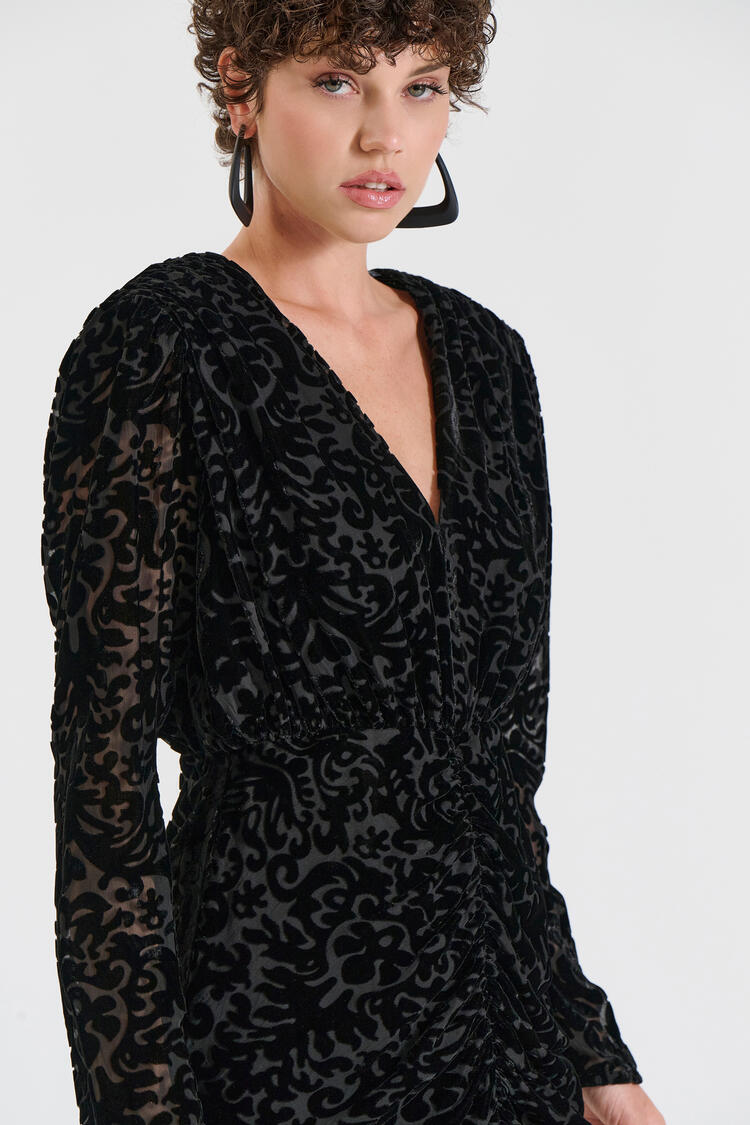 Velvet Dress with Textured Pattern & Front Ruching - Black M