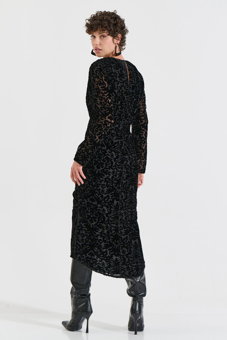 Velvet Dress with Textured Pattern & Front Ruching - Black M
