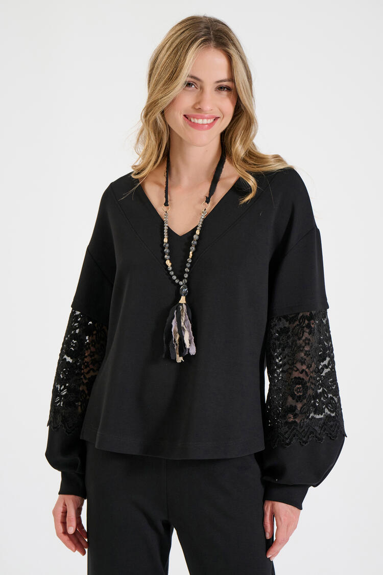 Sweatshirt blouse with velvet lace sleeves - Black S/M