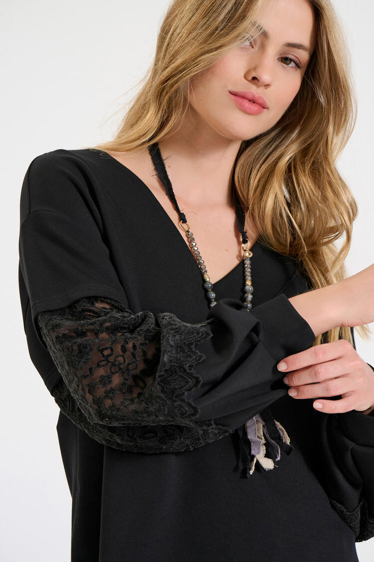 Sweatshirt blouse with velvet lace sleeves - Black S/M