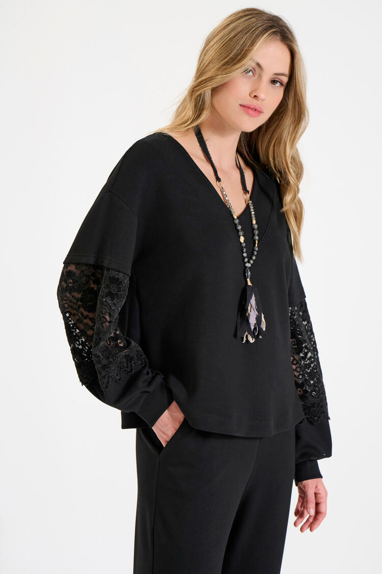 Sweatshirt blouse with velvet lace sleeves - Black S/M